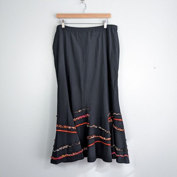 Vintage Y2K Maxi Skirt Flare Pull On Artsy Eclectic Black Orange Animal 16 - Picture 1 of 12
